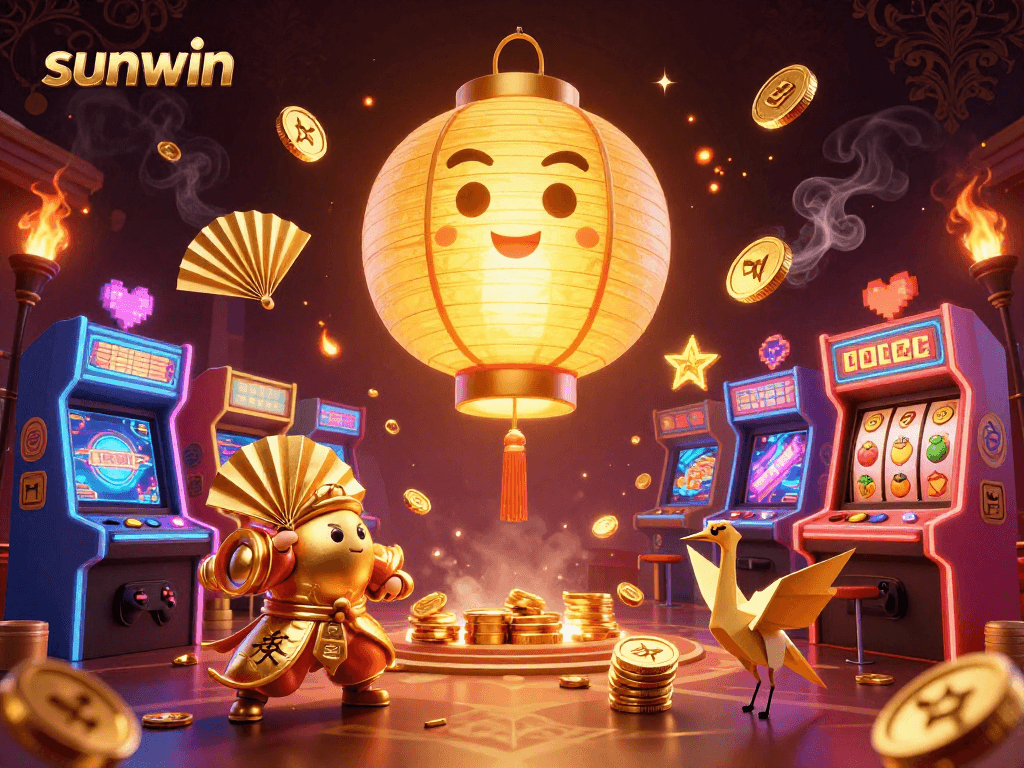 Experience sunwin with a giant golden lantern spirit amidst dynamic arcade games in a vibrant casino atmosphere.