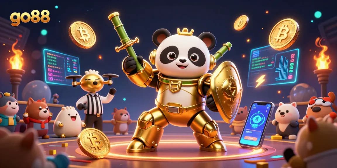 Experience the excitement of go88 with a vibrant 3D mech-suit panda in a casino arena.