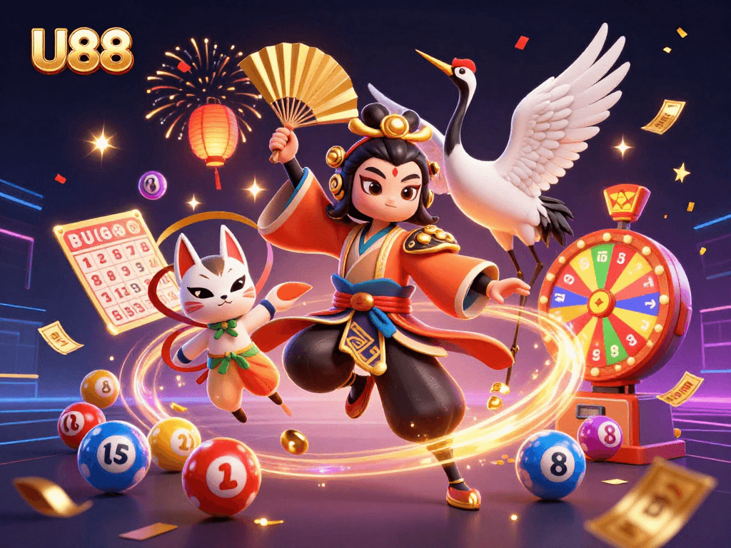 Experience winning excitement at U888 with a vibrant gambling-themed 3D illustration.