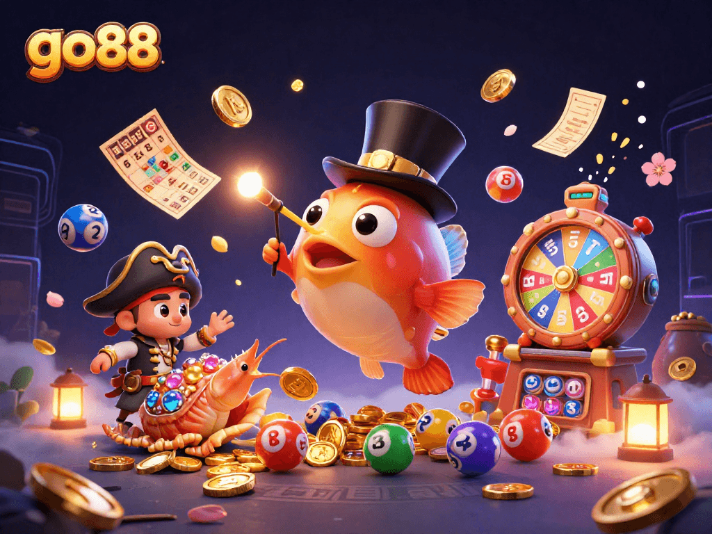 Catch golden coins with go88's vibrant underwater casino scene featuring dynamic lottery game elements.
