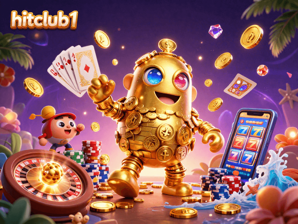 Hitclub1 features a golden golem amidst cascading coins, exciting the casino atmosphere.