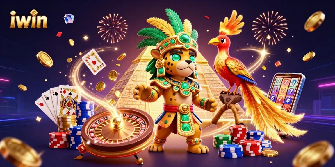 iwin showcases a vibrant casino experience with cascading coins and a Mayan priest, enhancing your gaming excitement.