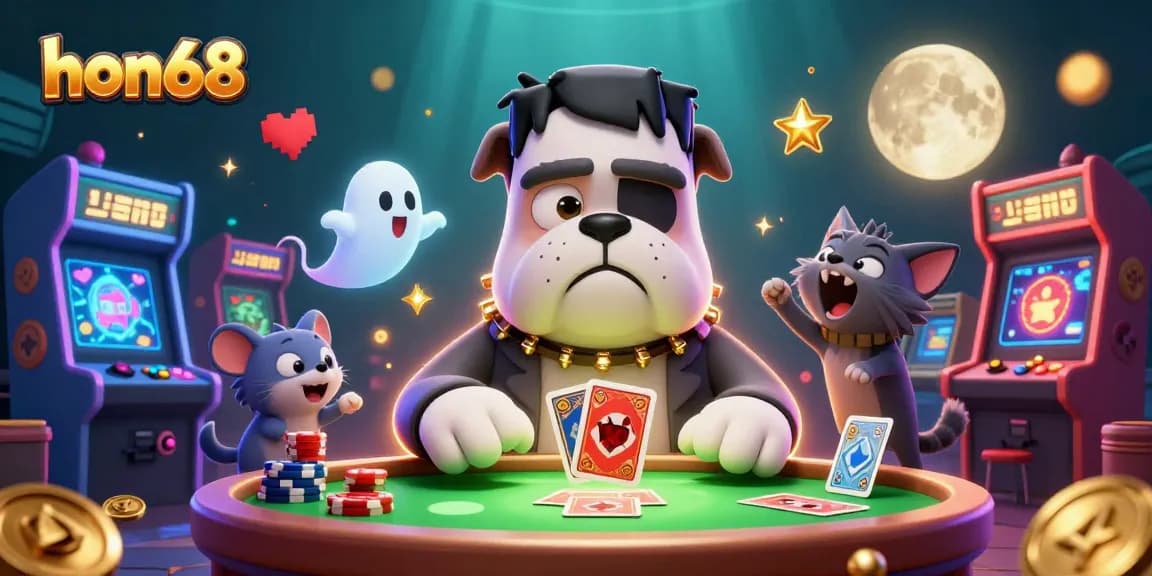 Experience the excitement of gaming with hon68, featuring a Frankenstein bulldog dealer and vibrant casino elements.
