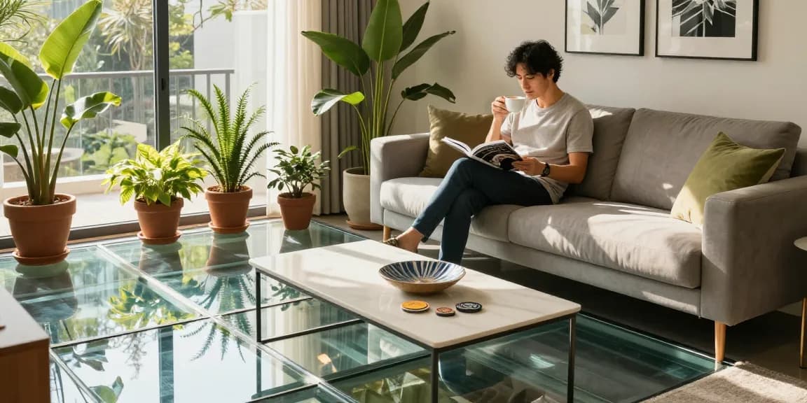 Enjoying glass floors for modern interiors in a stylish living room, highlighting natural light and contemporary decor.