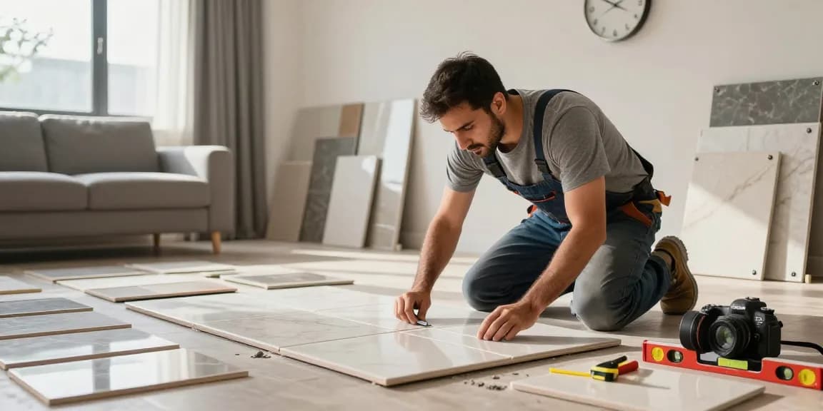 مقاول سيراميك باكستاني يقوم بتركيب السيراميك في منزل حديث، بجودة ودقة عالية.