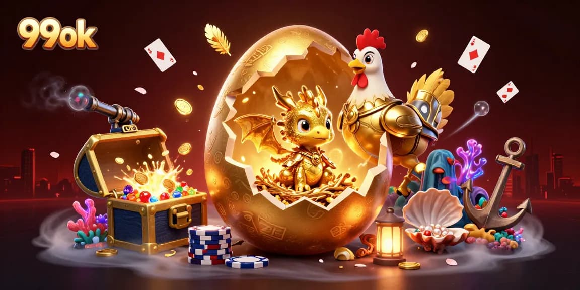 Play with the vibrant 99ok casino scene showcasing a cartoon dragon, poker chips, and treasure.