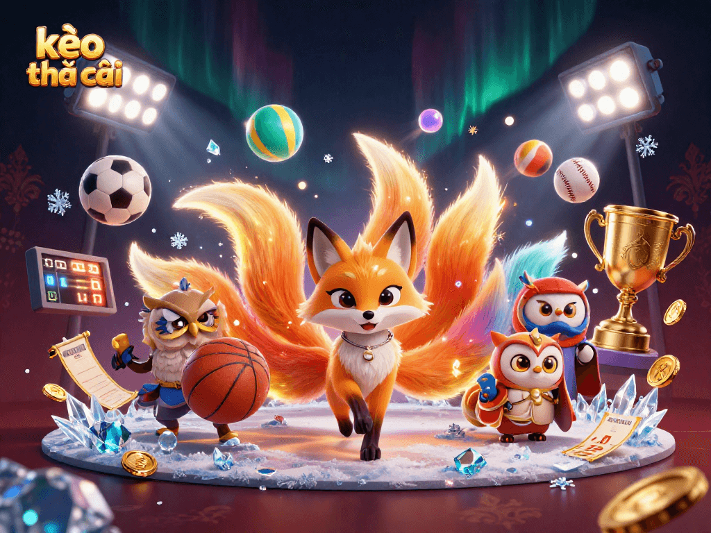 Betting strategies illuminated by the vibrant kèo nhà cái scene featuring mystical characters and dynamic sports elements.