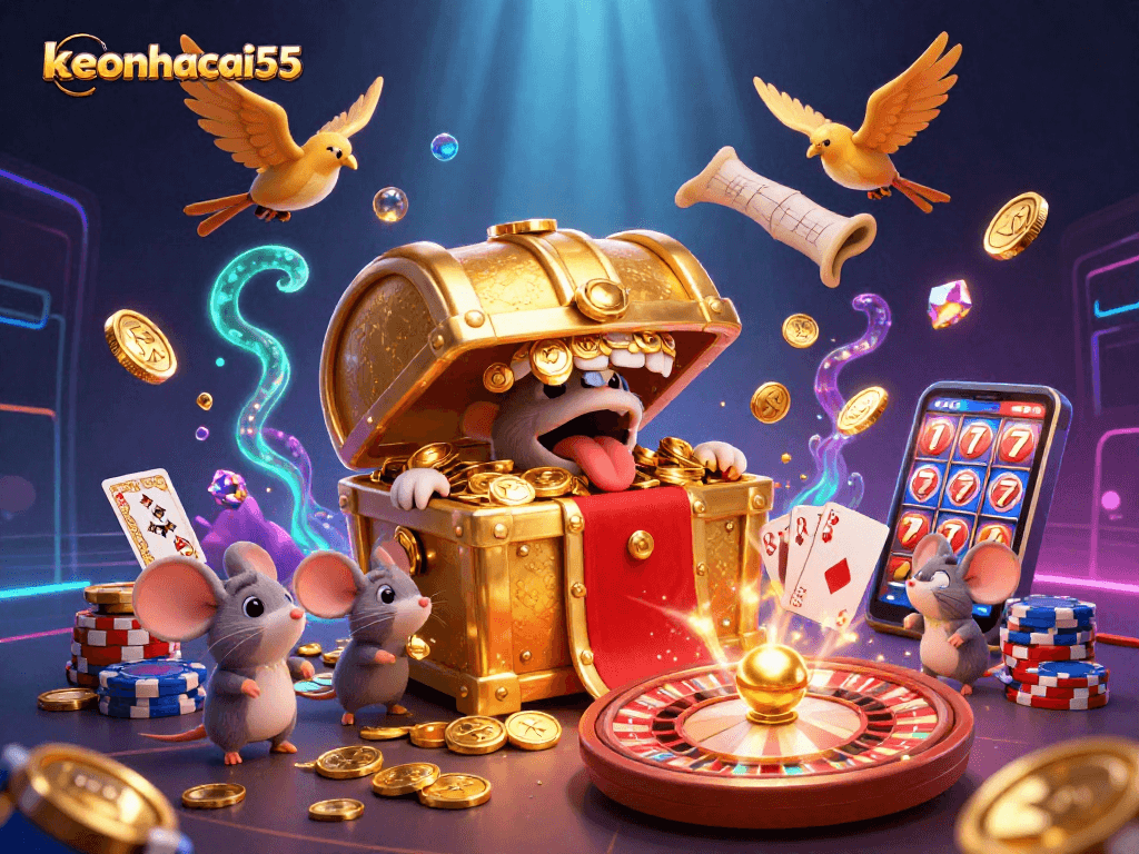 keonhacai55 attracts players with a vibrant casino scene featuring treasure and rewards.