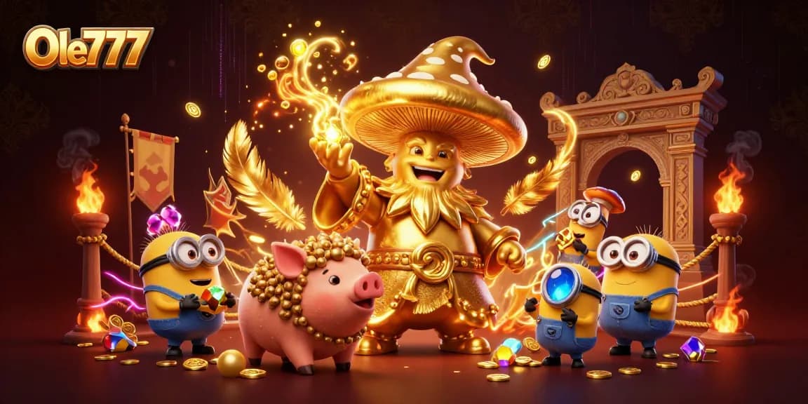 Ole777 brings fortune alive with a 3D mushroom wizard and truffle pig in a vibrant casino setting.
