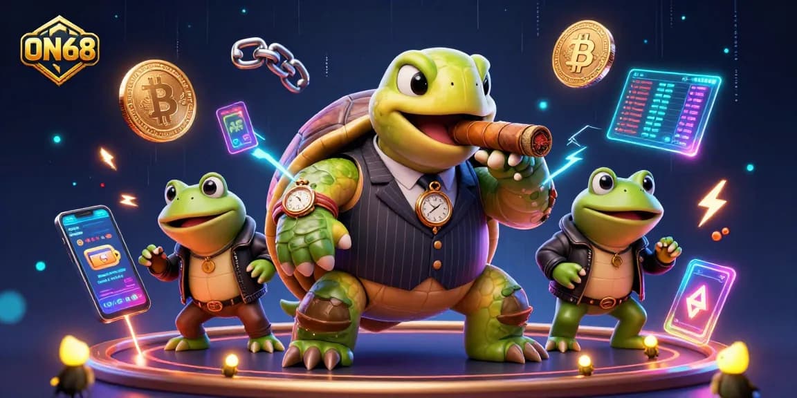 Experience the excitement at ON68 with a dynamic casino scene featuring a turtle mobster and bullfrog enforcers.