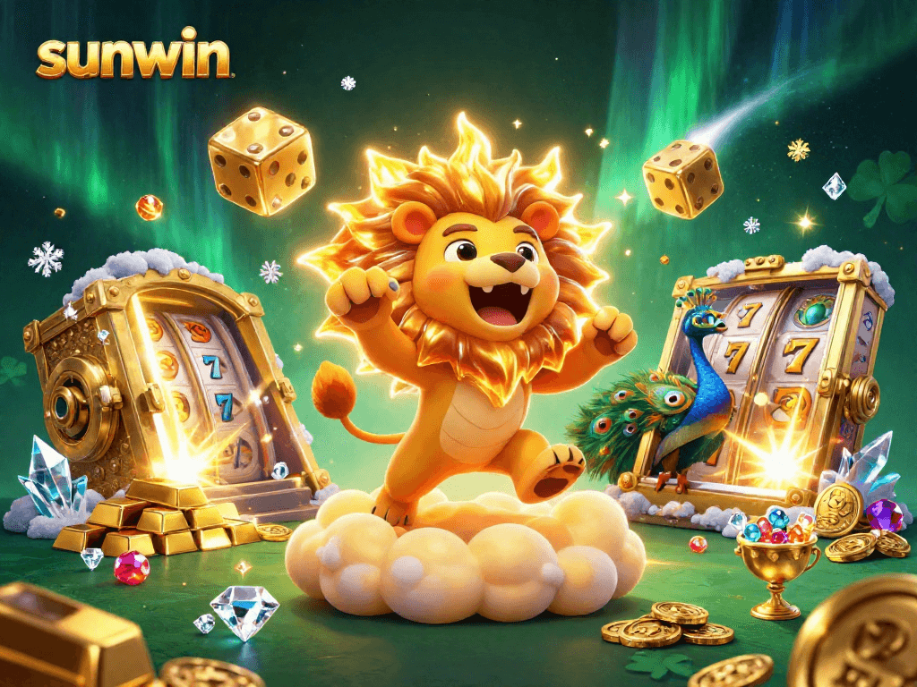 Engage in thrilling slots action with Sunwin's dazzling lion mascot and golden treasures.