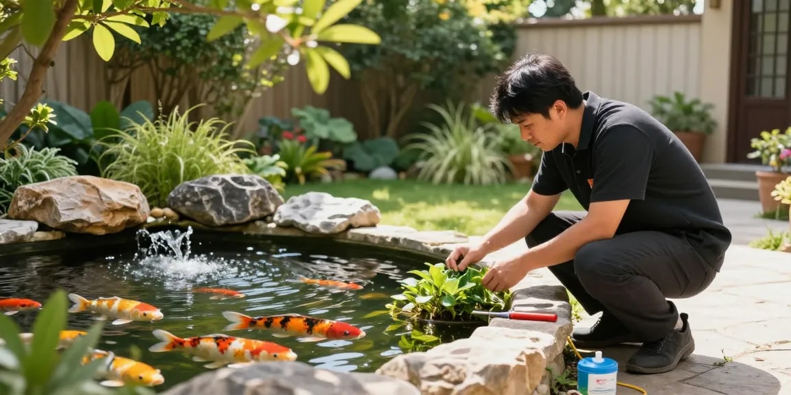 Pond specialist tending to a beautifully landscaped koi pond in a vibrant garden setting.