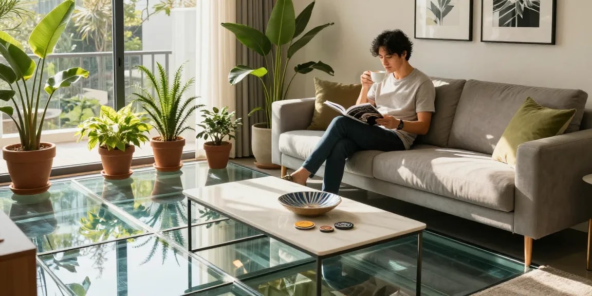 Enjoying glass floors for modern interiors in a stylish living room, highlighting natural light and contemporary decor.
