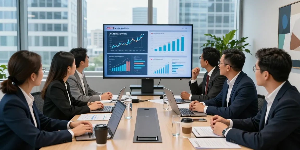Réunion de professionnels d'affaires discutant des services CIBC business dans un bureau moderne.