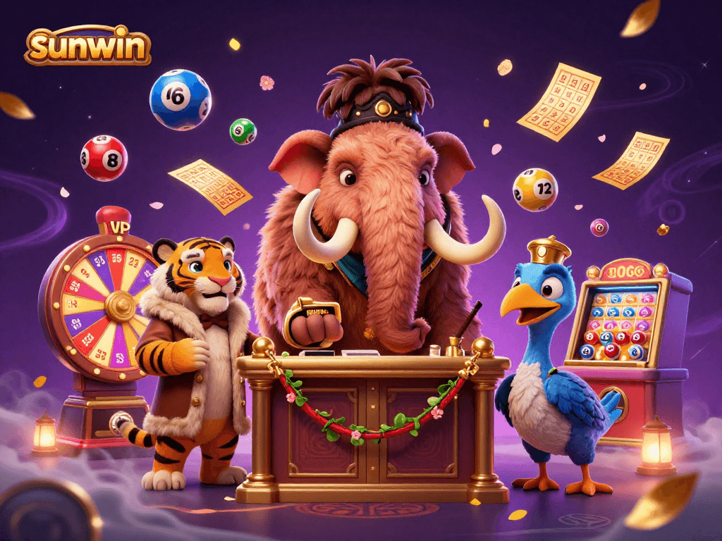 Engage with sunwin's casino scene featuring a woolly mammoth bouncer and vibrant lottery elements.