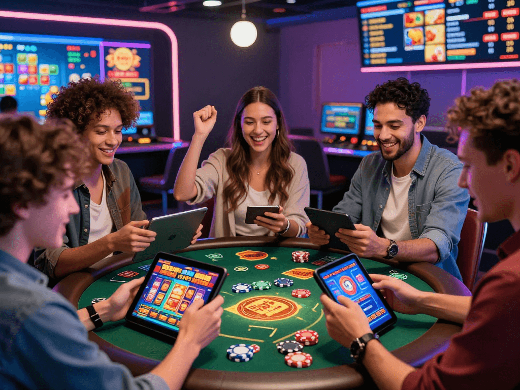Players enjoying the best casinos not on GamStop, celebrating wins at vibrant online games with colorful graphics and exciting bonuses.