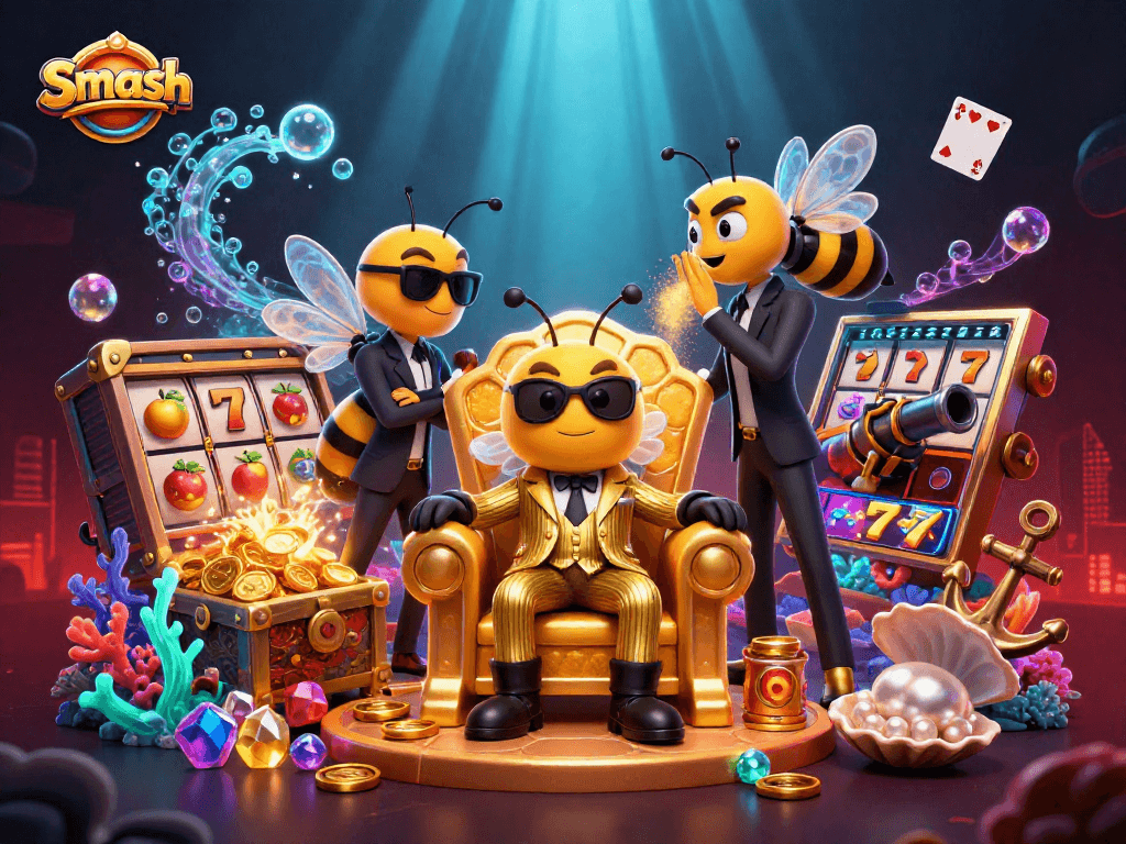 Smash Casino's bumblebee mob boss leads a vibrant gaming adventure with rich rewards and colorful characters.