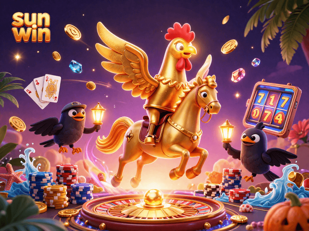 Experience the thrilling action of sun win with vibrant casino elements and playful characters in a dynamic scene.
