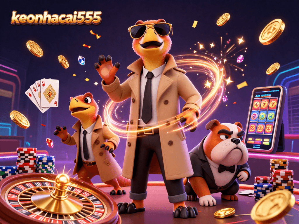 Engage with keonhacai555 through a vibrant casino scene showcasing three raptors in disguise.