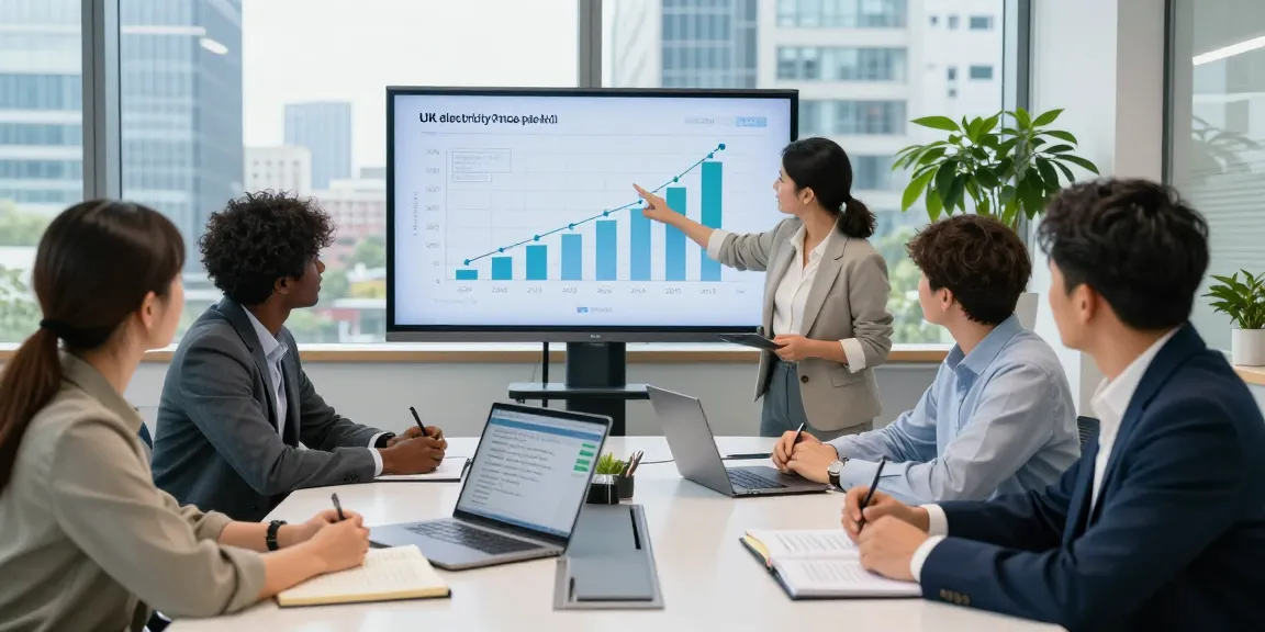 Business advisors discussing UK electricity price per kWh 2026 strategies in a modern office.