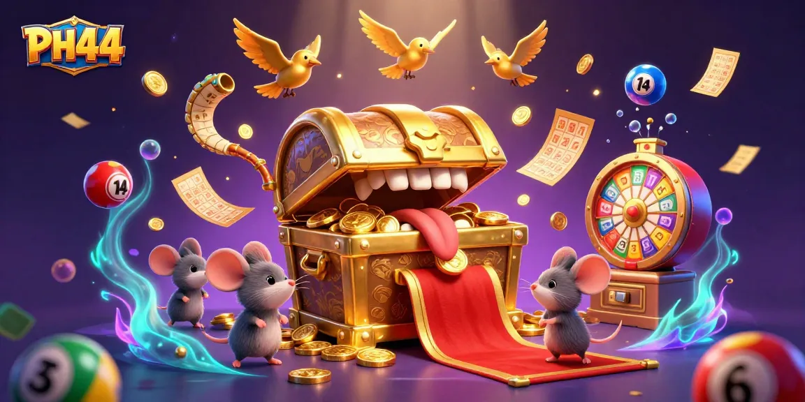 Engage with the exciting PH44 gaming world featuring vibrant lotter elements and a golden treasure chest.