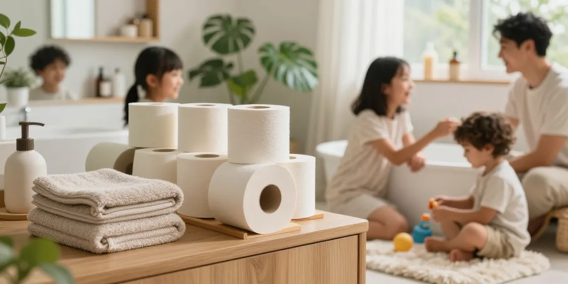 Family bathroom scene showcasing bamboo loo rolls in a sustainable setting