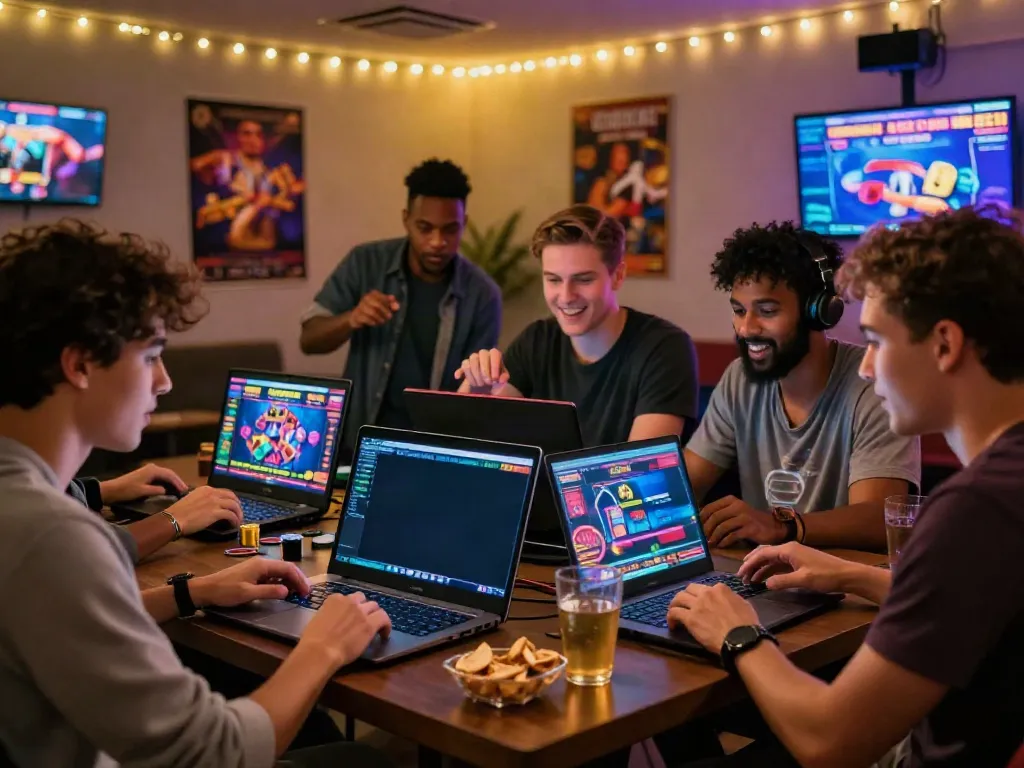 Friends enjoying a game night at new casinos not on GamStop with colorful graphics and snacks.