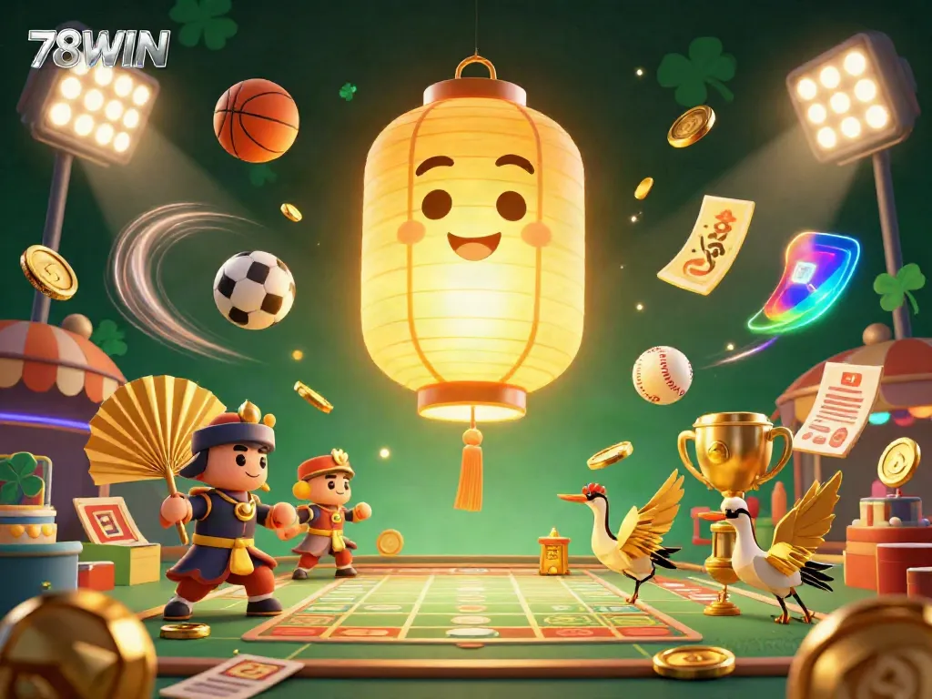 Experience thrilling wins at 78WIN with a vibrant casino scene featuring lucky symbols and competitive sports elements.
