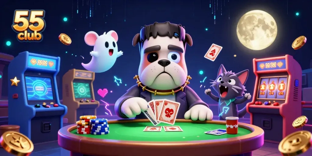 Engage with the 55 club as a cartoon bulldog deals cards at a lively casino, attracting thrill-seeking players.