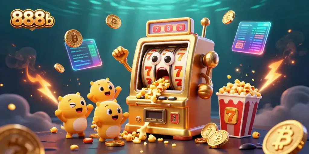 Witness the excitement of winning at 888b with animated golden slot machines celebrating alongside crypto coins.