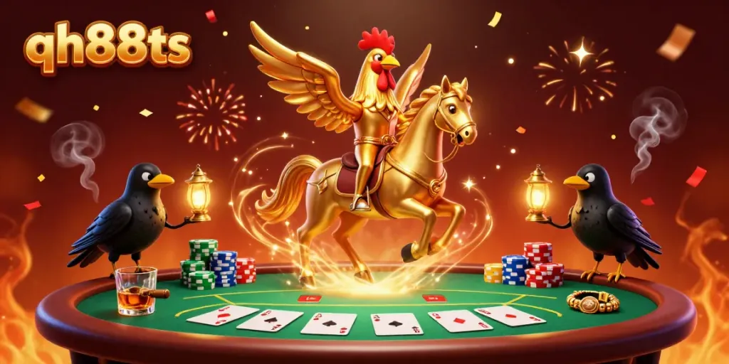 Join the golden rooster of qh88ts as it rides through a midnight casino, surrounded by poker elements.