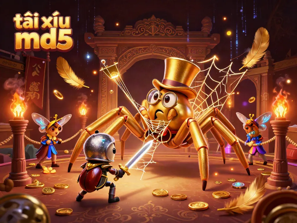 Engage in tài xỉu md5 with a dynamic 3D cartoon scene of a golden tarantula and beetle knight amidst casino elements.