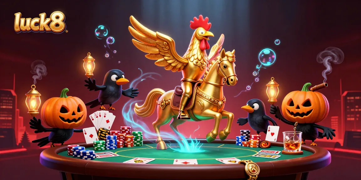 Experience luck8 in a vibrant casino scene with colorful poker elements and mystical characters.