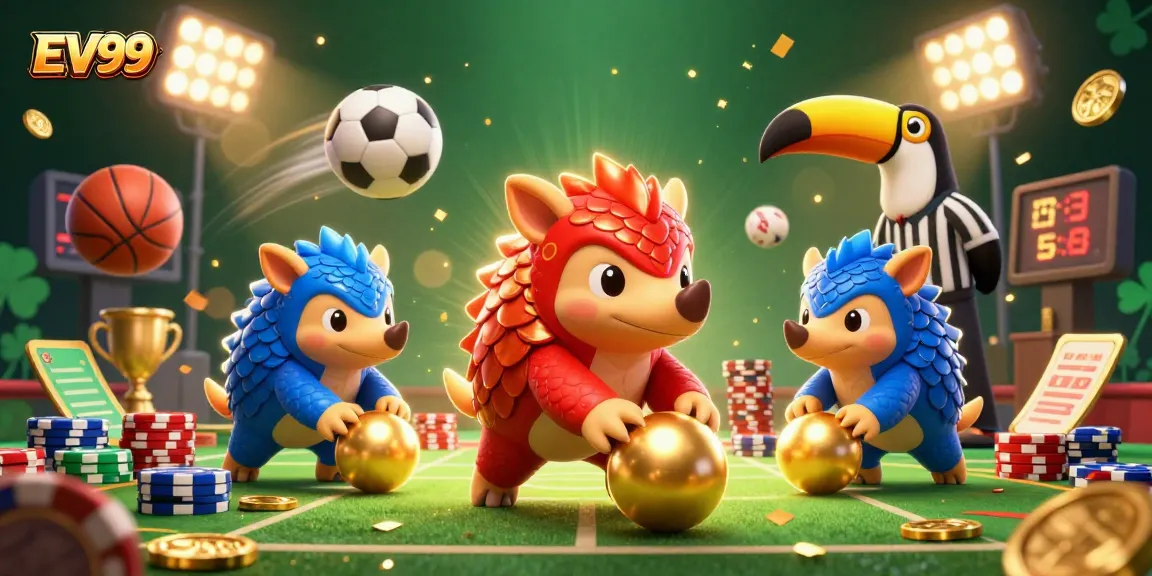 Experience EV99's thrilling gaming action with dynamic pangolins and vibrant casino elements.