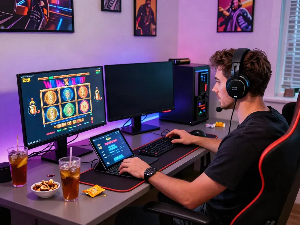 Enthusiastic gamer exploring new casinos not on GamStop with vibrant screens and engaging atmosphere.