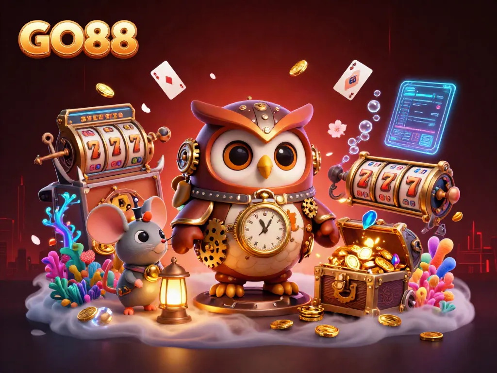 Experience thrilling adventures at GO88 casino with time-traveling owl amidst vibrant gambling elements in an ultra-detailed scene.