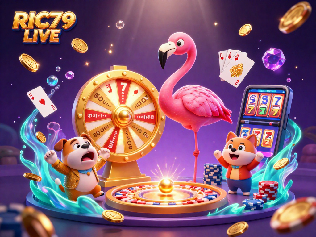 Experience the thrill of RIC79 LIVE with colorful characters and dynamic casino elements in this vibrant scene.