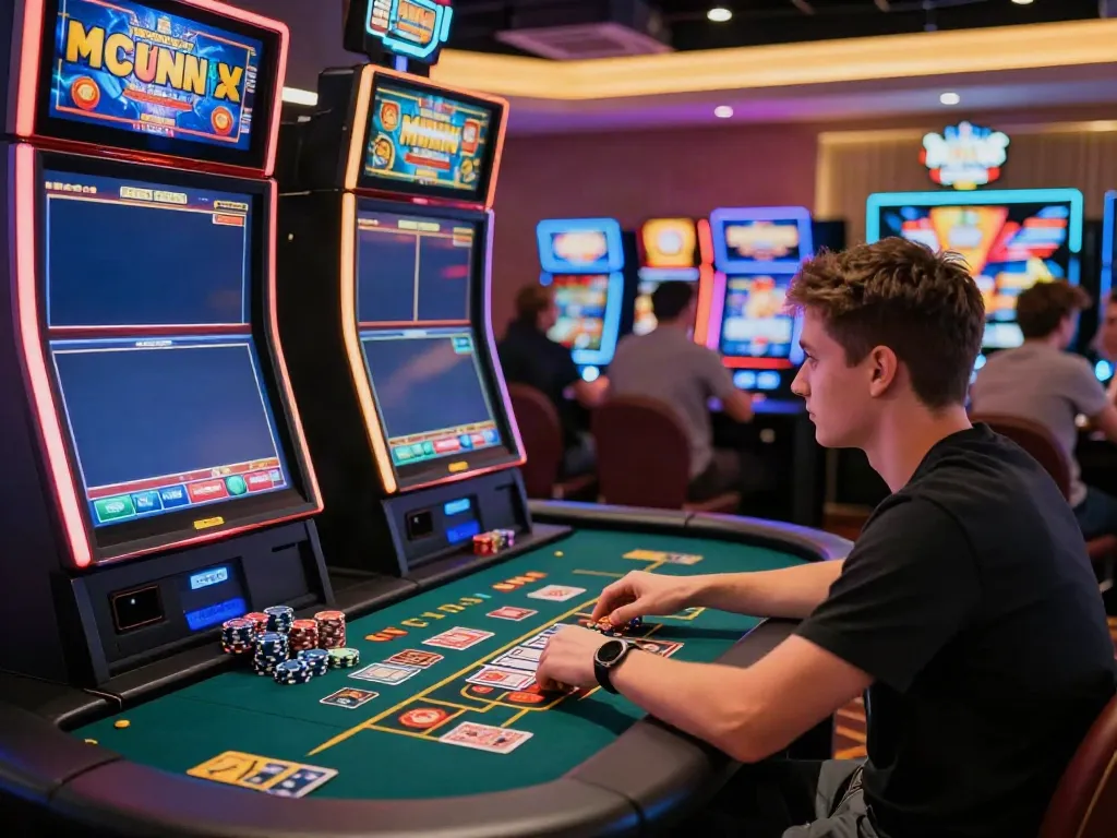 Engaged player at a gaming table in new casinos not on gamstop, colorful slot machines in lively casino environment.