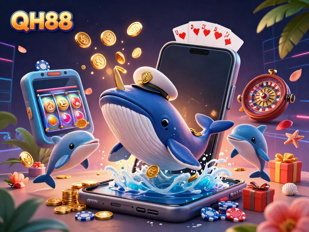 Experience the excitement of QH88's dynamic gaming scene with whales, dolphins, and casino elements.