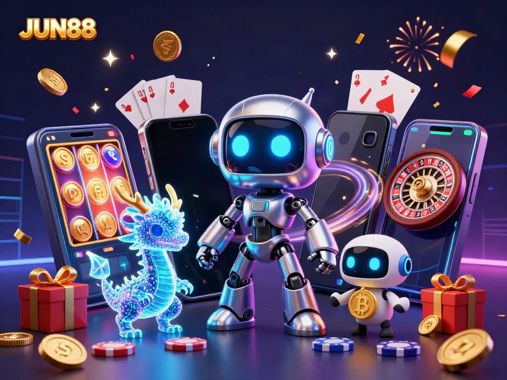 Engage with JUN88 as the cyberpunk robot mascot celebrates with casino games, showcasing vibrant elements like slot reels and poker cards.