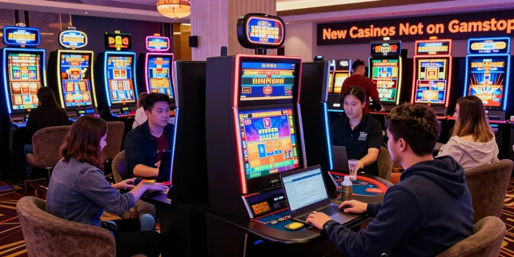 Engaged players enjoying new casinos not on Gamstop in a vibrant gaming lounge.