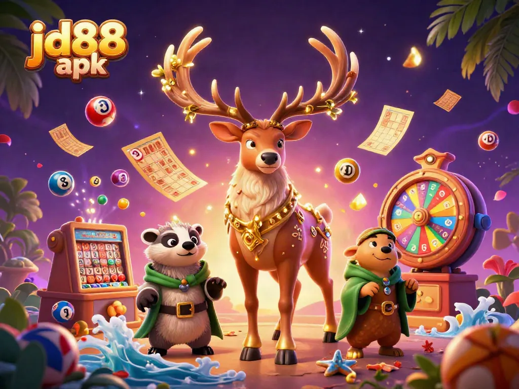 Experience the excitement of JD88 apk as vibrant gaming elements dynamically scatter around charming characters.