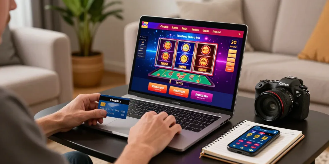 Player using credit card at online casino on cullengolfclub.co.uk, surrounded by gaming graphics and budgeting notes.