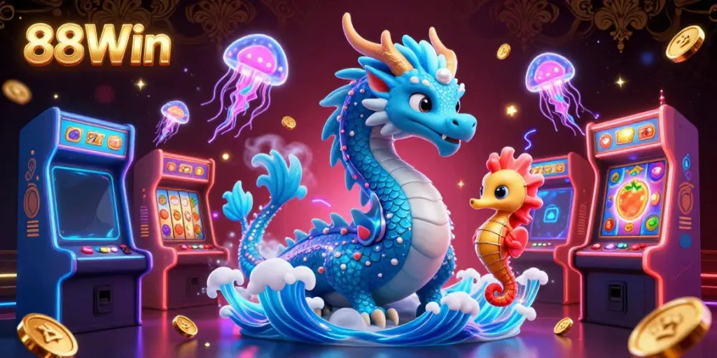 Spin the reels with 88Win's captivating casino dragon in an electrifying gaming scene.