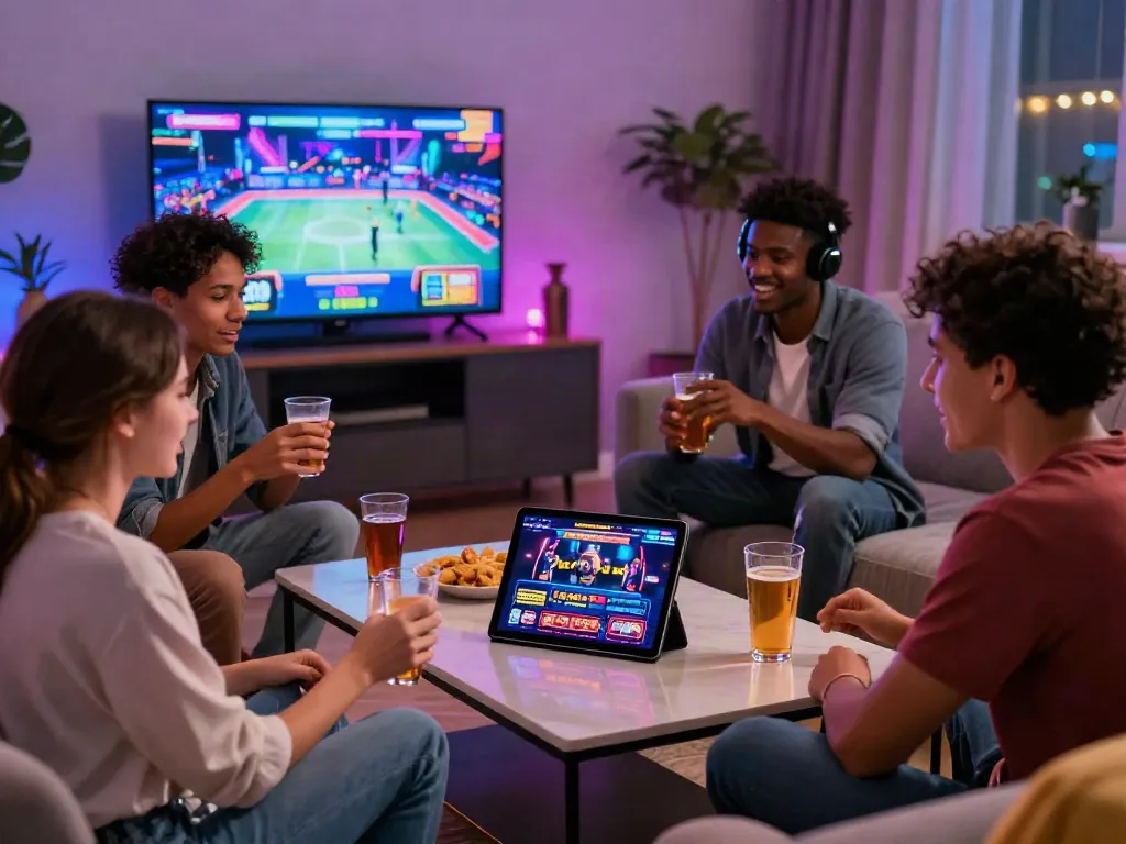 Excited young adults enjoying new casinos not on GamStop in a vibrant living room setting.