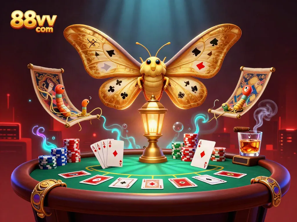 Explore the vibrant world of 88vv com with dazzling casino scenes featuring poker elements and a majestic moth.