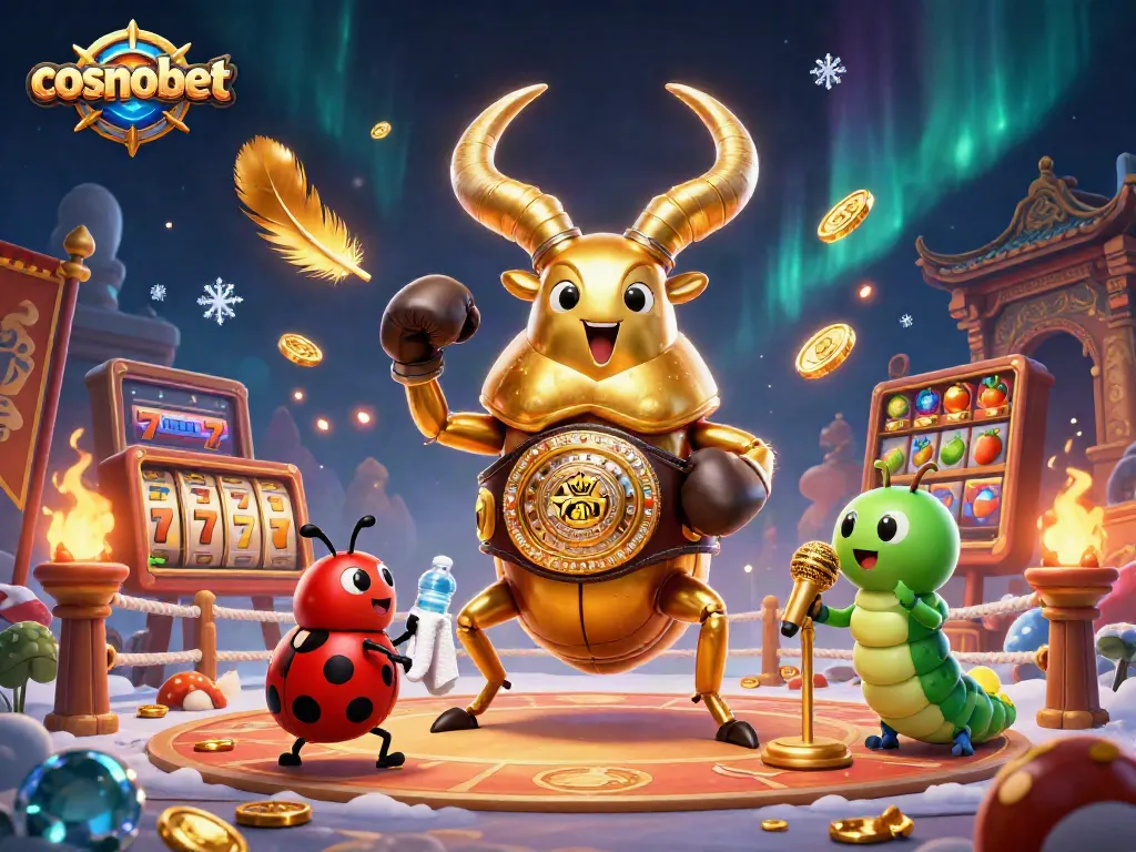Engage with cosmobet's gaming excitement as a golden stag beetle battles in a vibrant casino ring.