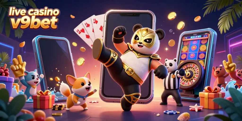 Experience the excitement of live casino v9bet with a vibrant 3D illustration featuring lively characters and dynamic gaming elements.