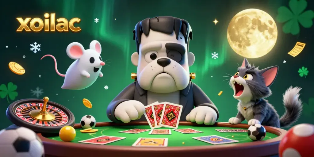 Xoilac betting scene featuring a Frankenstein bulldog dealing cards on a spooky table.
