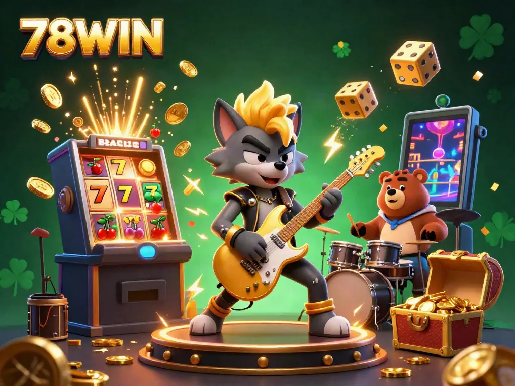 Experience 78WIN excitement with a rock star wolf and drummer bear in a vibrant casino illustration.
